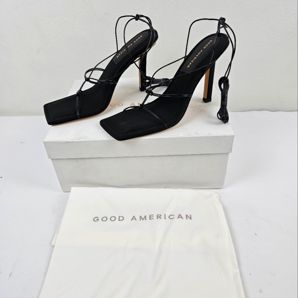 Good American Size 10 Neoprene Cage Black Tie Lace Up Gladiator Heel NEW W Box